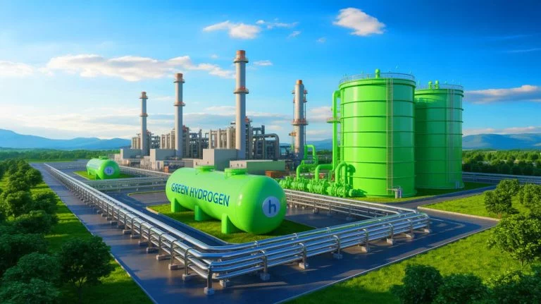 Illustration of Sinopec's green hydrogen integration into the Chinese gas grid at the world's second-largest plant.