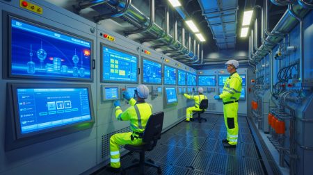 Illustration of the world’s first integrated hydrogen production simulator within a Small Modular Reactor control room, generated by artificial intelligence.