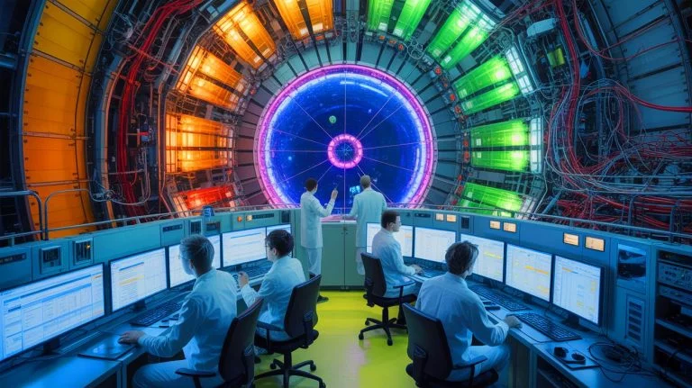 Illustration of scientists at CERN's Large Hadron Collider observing fundamental asymmetry in baryons, generated by artificial intelligence.