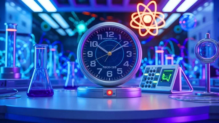 Illustration of a thorium-229 nuclear clock being used to detect dark matter, generated by artificial intelligence.