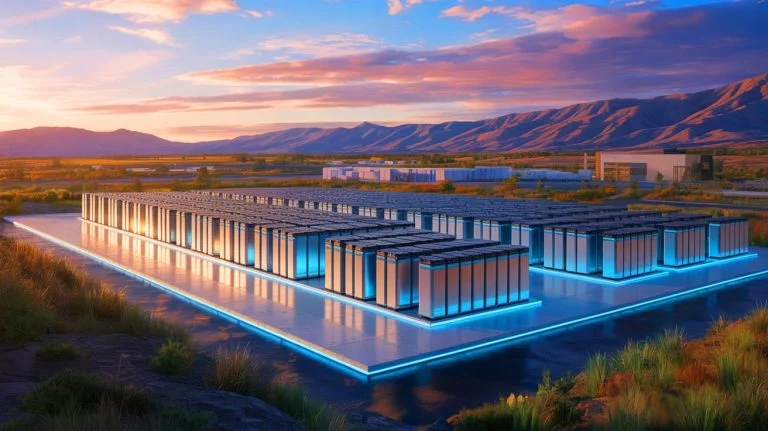 Illustration of the partnership between General Motors and Redwood Materials repurposing EV batteries into energy storage systems, generated by artificial intelligence.