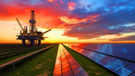 Illustration of major oil companies shifting focus from renewable energy back to traditional fossil fuels, generated by artificial intelligence.