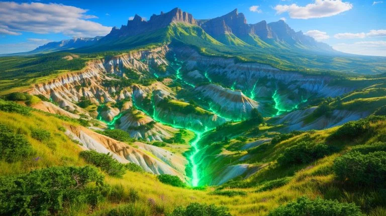 Illustration of green hydrogen naturally forming within mountain ranges, generated by artificial intelligence.