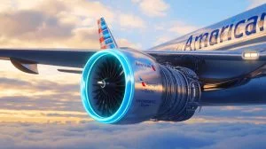 Illustration of a hydrogen-electric aircraft engine partnership between American Airlines and ZeroAvia, generated by artificial intelligence.