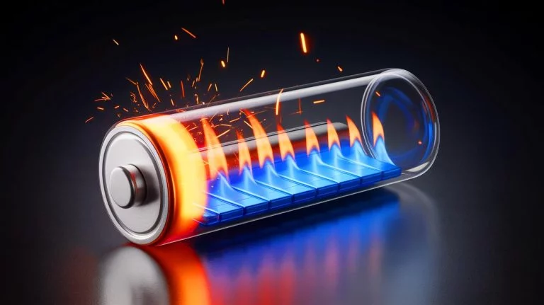 Illustration of a revolutionary lithium metal battery equipped with a built-in flame suppressant, highlighting its enhanced safety and efficiency, generated by artificial intelligence.