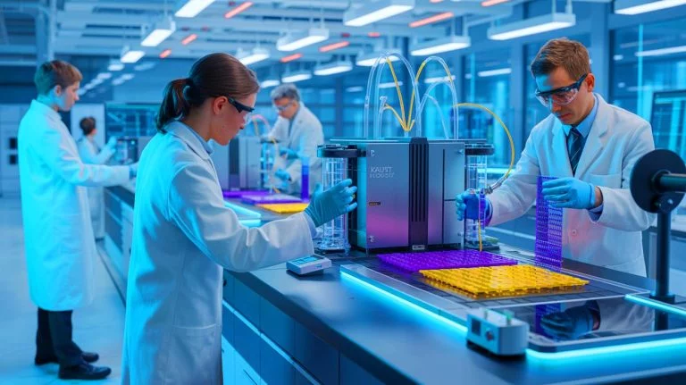 Illustration of KAUST's innovative solvent selection model enhancing organic thermoelectric device efficiency, generated by artificial intelligence.