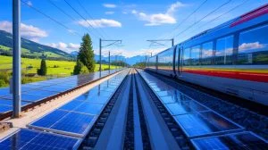 Illustration of the world's first removable railway photovoltaic system in Switzerland, featuring solar panels integrated into train tracks.