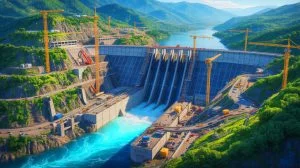 Illustration of the world's largest hydroelectric dam on the Yarlung Zangbo River, an artificial illustration.