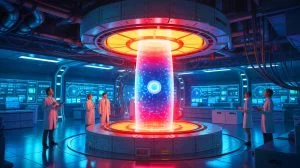Illustration of a futuristic device harnessing infinite energy through advanced fusion technology, created by artificial intelligence.