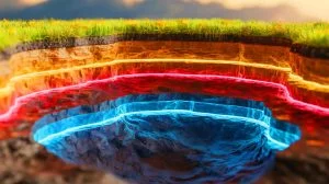 Illustration of natural hydrogen reserves beneath the Earth's crust, highlighting their potential as a clean energy source; this is an artificial illustration.