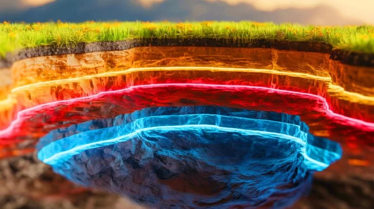 Illustration of natural hydrogen reserves beneath the Earth's crust, highlighting their potential as a clean energy source; this is an artificial illustration.