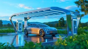 Illustration of a revolutionary battery charging station for electric cars, highlighting cutting-edge renewable energy technology, generated by artificial intelligence.