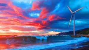 Illustration of Japan's first typhoon turbine, an innovative renewable energy solution, generated by artificial intelligence.