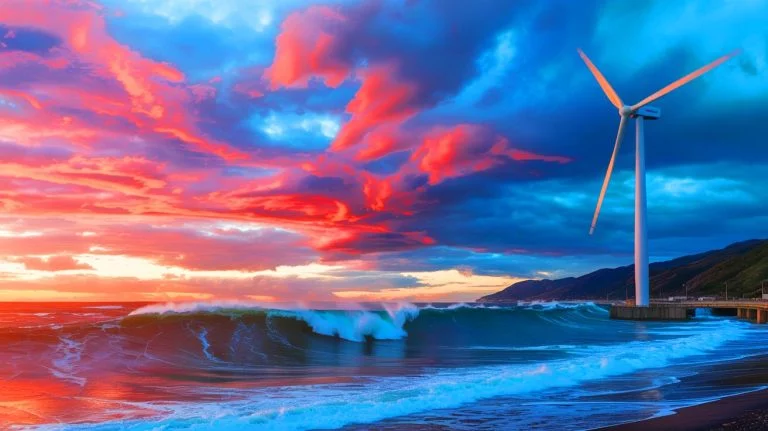 Illustration of Japan's first typhoon turbine, an innovative renewable energy solution, generated by artificial intelligence.