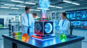 Illustration of an advanced fuel cell technology developed by West Virginia University, designed to efficiently generate electricity, store energy, and produce hydrogen.