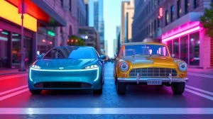 Illustration of the contrasting lifespans of gas and electric vehicles in the evolving automotive industry, generated by artificial intelligence.