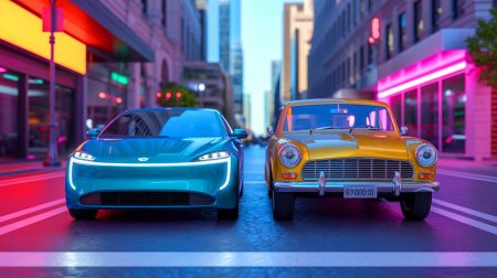 Illustration of the contrasting lifespans of gas and electric vehicles in the evolving automotive industry, generated by artificial intelligence.