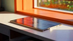 Illustration of Lenovo Yoga Solar laptop harnessing solar energy for power, generated by artificial intelligence.
