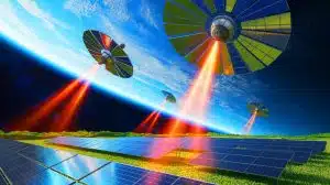 Illustration of space-based reflectors redirecting solar light to Earth during nighttime, generated by artificial intelligence.