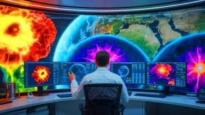 Illustration of the impact of nuclear warfare on the environment, highlighting outdated models and the need for new predictive tools, generated by artificial intelligence.