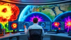 Illustration of the impact of nuclear warfare on the environment, highlighting outdated models and the need for new predictive tools, generated by artificial intelligence.