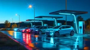 Illustration of electric vehicles charging during super off-peak hours, highlighting the energy transition in France.