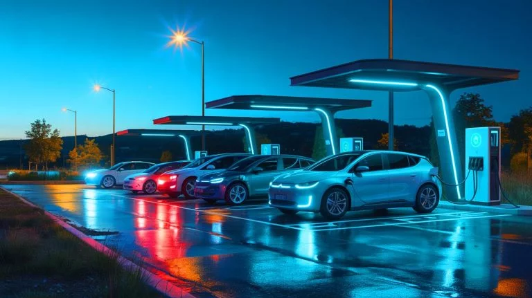 Illustration of electric vehicles charging during super off-peak hours, highlighting the energy transition in France.