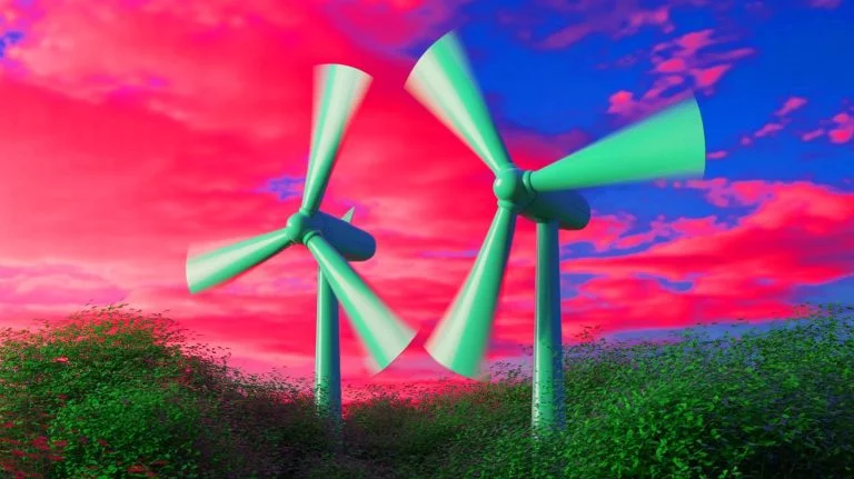 Illustration of two tiny, counter-rotating wind turbines enhancing power generation efficiency. Image generated by AI.