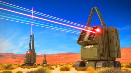 Illustration of DARPA's wireless power transmission experiment, beaming energy over 5.3 miles.