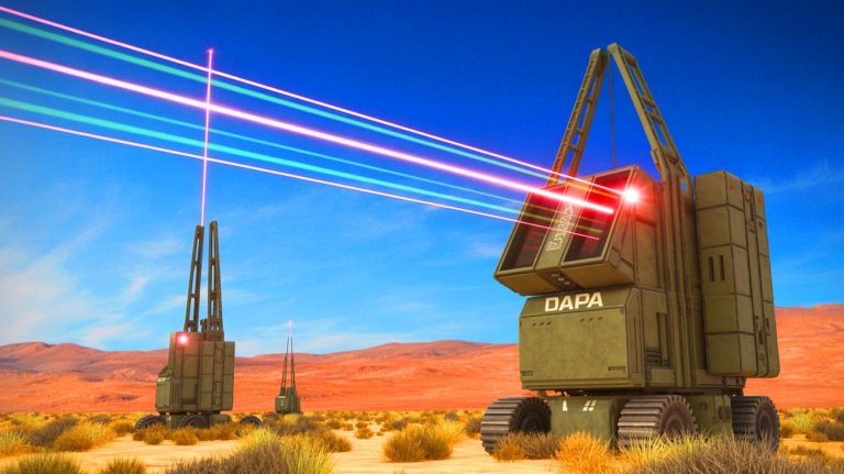 Illustration of DARPA's wireless power transmission experiment, beaming energy over 5.3 miles.
