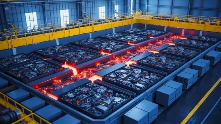 Illustration of a revolutionary battery recycling process with over 98% metal recovery efficiency, generated by artificial intelligence.