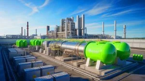 Illustration of BASF's electrolyzer project in Ludwigshafen, Germany, producing green hydrogen, generated by artificial intelligence.