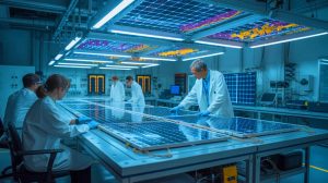 Illustration of University of Michigan scientists developing organic solar panels for space missions, generated by artificial intelligence.