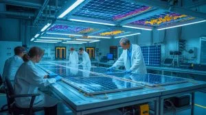 Illustration of University of Michigan scientists developing organic solar panels for space missions, generated by artificial intelligence.