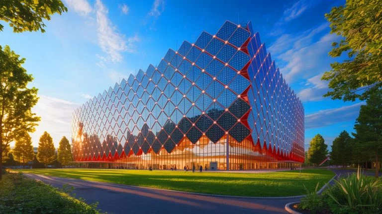 Illustration of the Novartis Pavilion in Basel showcasing its innovative solar and wind energy design, created by artificial intelligence.