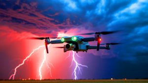 Illustration of a drone capturing and harnessing the power of lightning, generated by artificial intelligence.
