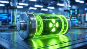 Illustration of a groundbreaking rechargeable battery using depleted uranium, transforming nuclear waste into energy storage; this is an artificial illustration.