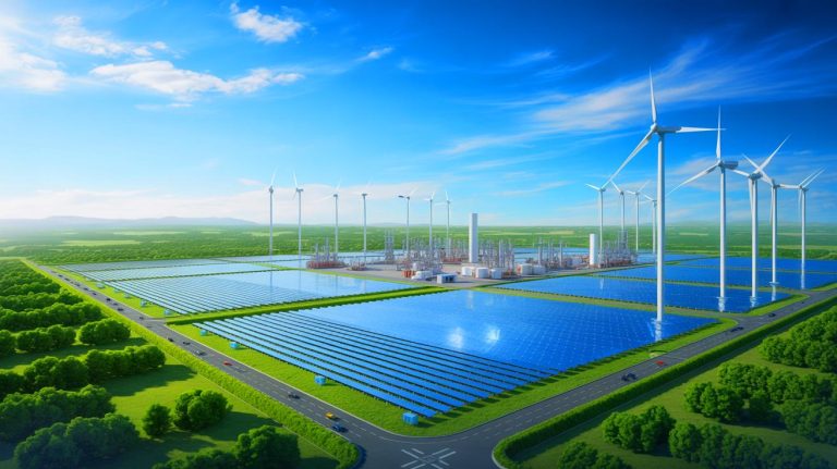 Illustration of the world's largest green hydrogen and ammonia production facility powered by renewable energy systems in Chifeng, China, created by artificial intelligence.