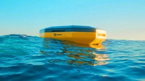 Illustration of Seaturns' innovative wave energy device in action, generated by artificial intelligence.