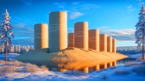 Illustration of Finland's largest sand battery for renewable energy storage, generated by artificial intelligence.