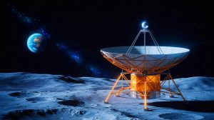 Illustration of a radio telescope on the Moon's far side, demonstrating its potential to capture cosmic signals in a radio-quiet environment.