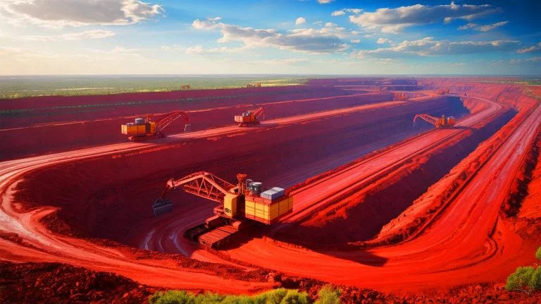 Illustration of a massive iron ore deposit discovery in Western Australia's Pilbara region, valued at nearly $6 trillion, generated by artificial intelligence.