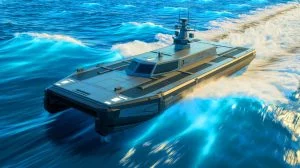 Illustration of the unveiling of the AIRCAT Bengal MC, an advanced autonomous naval vessel by Eureka Naval Craft.