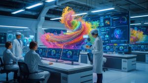 Illustration of artificial intelligence uncovering new forces in dusty plasma.