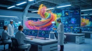 Illustration of artificial intelligence uncovering new forces in dusty plasma.
