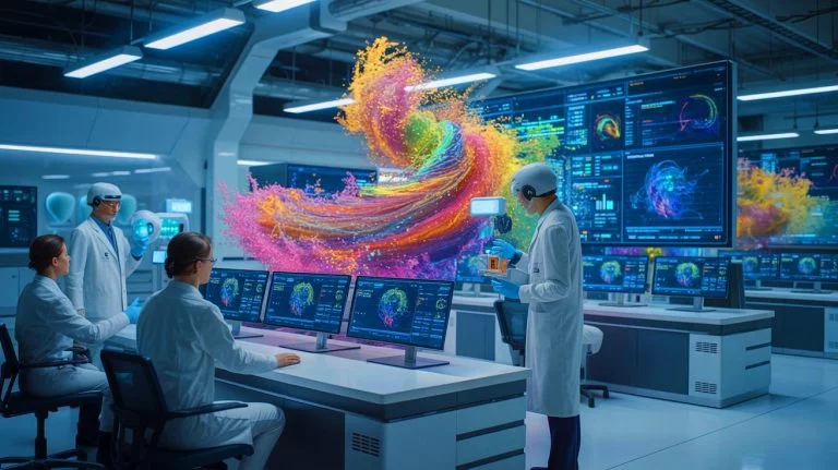 Illustration of artificial intelligence uncovering new forces in dusty plasma.