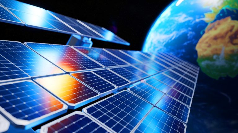 Illustration of Redwire Corporation's Roll-Out Solar Arrays deployed in space for NASA's Gateway station.