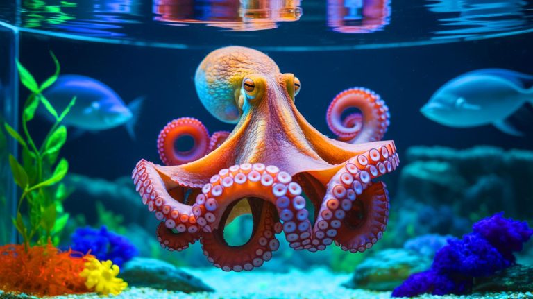 Illustration of the ethical and environmental debate surrounding the world's first commercial octopus farm.