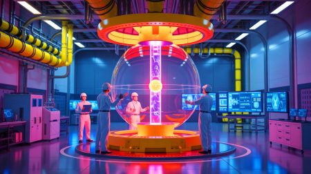 Illustration of private companies developing nuclear fusion reactors for clean energy advancements by 2025.