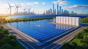 Illustration of the collaboration between Tesla and China on the world’s largest energy project featuring lithium-ion batteries.